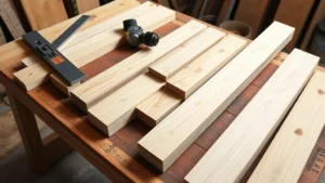 Close-up of pressure-treated lumber pieces laid out on a workbench with carpenter's square, drill, and measuring tape, showing preparation for arbor construction