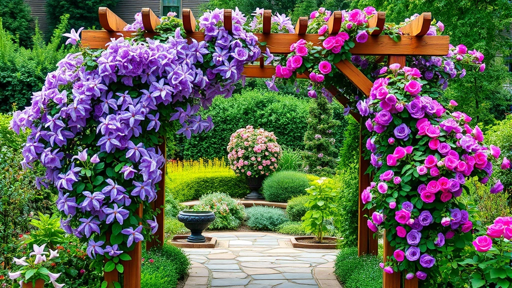 Beautiful wooden garden arbor covered in blooming purple clematis vines and climbing roses in a lush garden setting with stone pathway