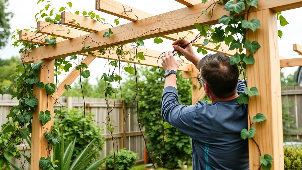Gardener installing climbing vines on completed wooden arbor structure, gently weaving stems through lattice framework with soft plant ties visible