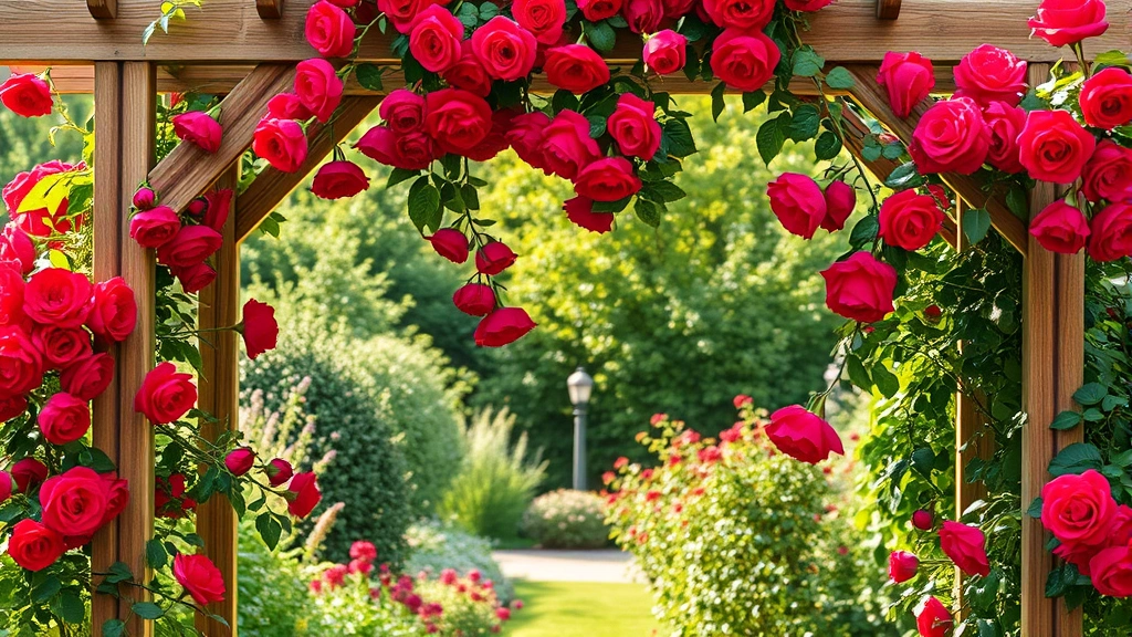 Elegant wooden garden arch with climbing red roses in full bloom, sunlight filtering through flowers, classic cottage garden setting with green foliage, photorealistic detail