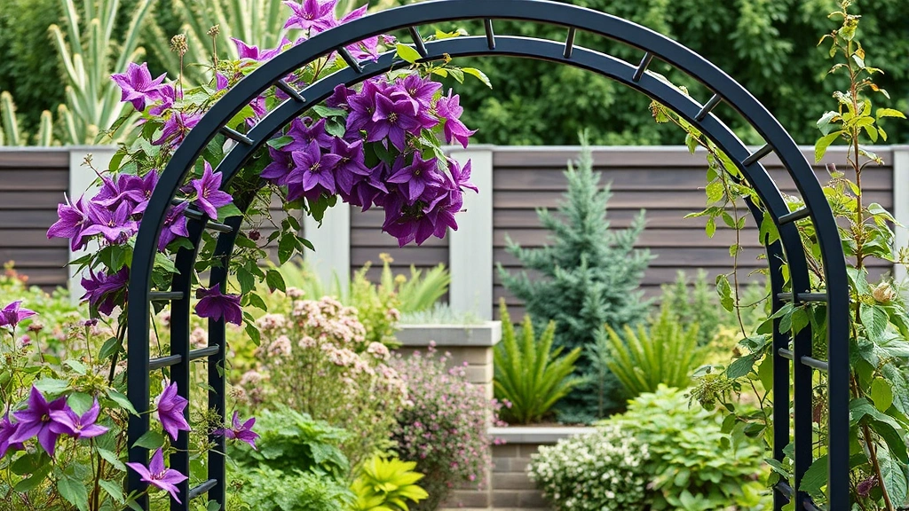 Modern black metal garden arch in contemporary garden design, curved supports framing purple clematis flowers, clean minimalist lines, professional landscape photography