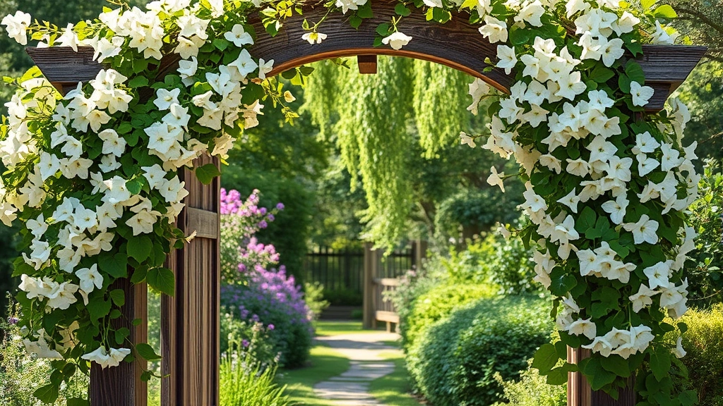 Rustic weathered wooden arch covered in fragrant honeysuckle vines and white flowers, garden pathway entrance, dappled sunlight, lush green surroundings