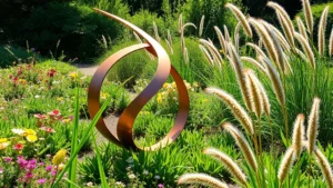 Modern copper garden sculpture in lush green garden bed surrounded by flowering perennials and ornamental grasses, bright afternoon sunlight casting shadows, photorealistic garden setting