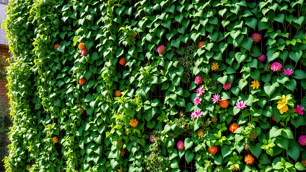 Vertical living wall covered in trailing ivy, succulents, and flowering plants creating green tapestry on garden wall, dappled sunlight through leaves, lush botanical display