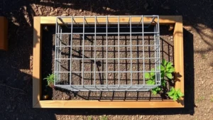 Overhead view of wooden raised garden bed with metal trellis structure installed, showing square lattice pattern, surrounded by mulch, sunlit afternoon