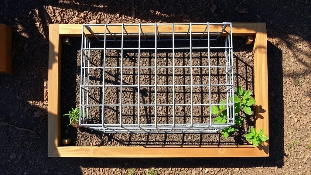 Overhead view of wooden raised garden bed with metal trellis structure installed, showing square lattice pattern, surrounded by mulch, sunlit afternoon