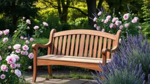 Weathered teak wood Lutyens-style bench with curved armrests positioned in a cottage garden surrounded by blooming roses and lavender plants, natural morning light filtering through trees