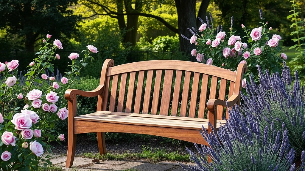 Weathered teak wood Lutyens-style bench with curved armrests positioned in a cottage garden surrounded by blooming roses and lavender plants, natural morning light filtering through trees