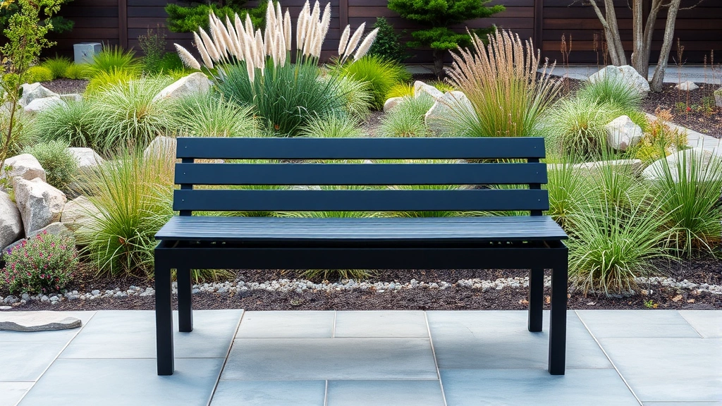 Modern black powder-coated steel bench with minimalist lines placed on a stone patio overlooking a contemporary garden with native plantings and architectural grasses