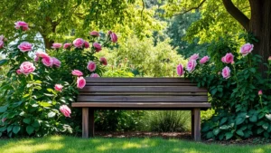 Weathered teak wood bench positioned in lush garden with blooming roses and green foliage surrounding it, dappled sunlight filtering through tree canopy above