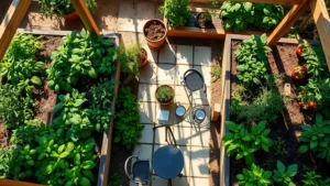 Overhead view of a lush garden bistro with raised beds filled with vibrant basil, rosemary, and cherry tomato plants surrounding a small bistro table set for two, dappled sunlight through pergola creating atmospheric shadows