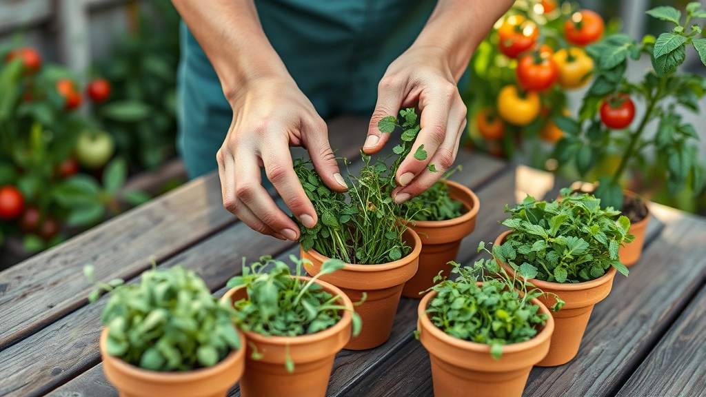 Close-up of hands harvesting fresh herbs and microgreens from terracotta containers on a wooden bistro table, with heirloom tomatoes and pepper plants visible in soft afternoon garden light
