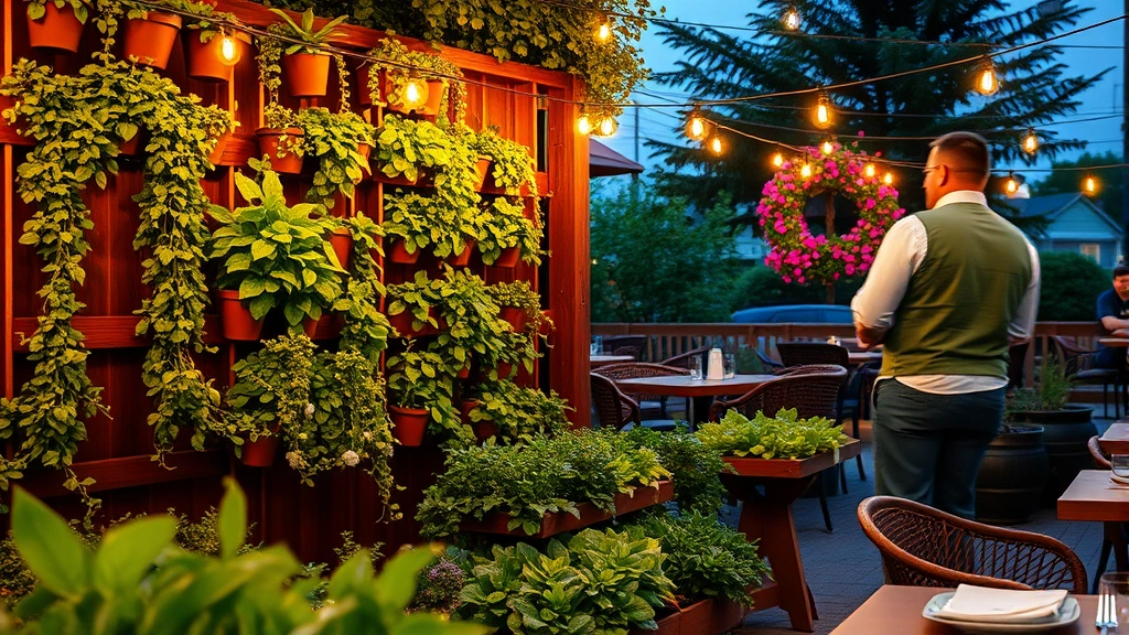 Garden bistro evening scene with string lights illuminating vertical herb gardens, trailing potted oregano, and tiered planters of lettuce and edible flowers, cozy seating area with fresh place settings visible in foreground