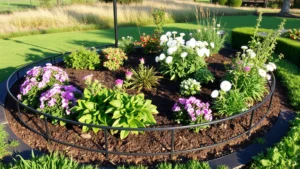 Curved garden bed with black metal edging defining perennial plantings, late afternoon sunlight casting shadows, natural landscape background