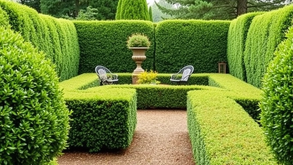 Living boxwood hedge border creating geometric garden room, tightly trimmed evergreen plants forming clean lines, formal garden setting with mature plantings