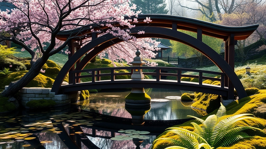 Japanese arched wooden garden bridge spanning a koi pond with stone lantern and weeping cherry tree, natural afternoon light reflecting on water surface, lush green moss-covered banks with ferns