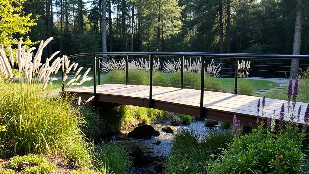 Modern minimalist wooden deck bridge with metal railings crossing over a shallow stream, surrounded by ornamental grasses and native perennials in soft sunlight, forest backdrop