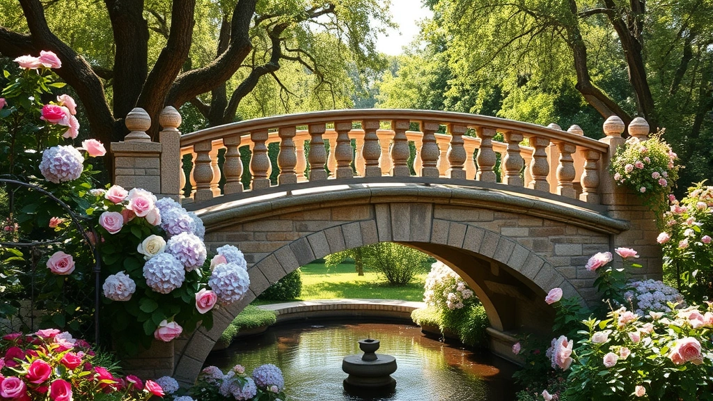 Rustic stone garden bridge with traditional railings in cottage garden setting, surrounded by blooming roses, hydrangeas, and flowering shrubs, dappled sunlight through mature trees, water feature below
