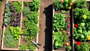 Overhead view of lush raised garden beds filled with vibrant vegetables, herbs, and flowering plants in full sun, with neat pathways between beds and garden shears resting on soil