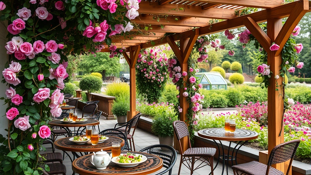 Cozy outdoor cafe seating nestled under a wooden pergola draped with climbing roses and jasmine vines, with fresh salads and herbal teas on tables overlooking blooming flower borders