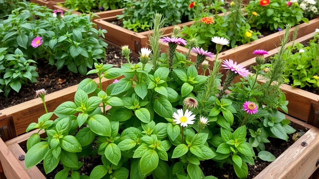 Garden herb garden in full bloom with vibrant basil, mint, rosemary, and flowering herbs growing in organized raised beds, morning dew visible on green foliage, natural garden setting