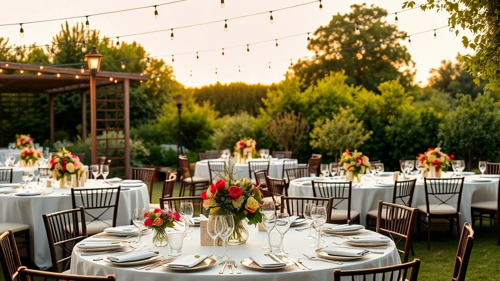 Elegant outdoor garden party setup with round dining tables under string lights, fresh flower centerpieces, place settings with fresh herb garnishes, lush green garden backdrop at golden hour