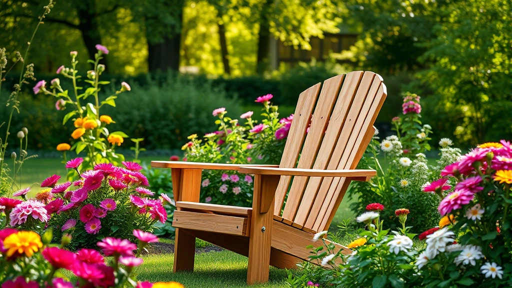 Comfortable wooden Adirondack chair positioned in lush garden surrounded by blooming flowers and green foliage, afternoon sunlight filtering through trees, peaceful garden setting