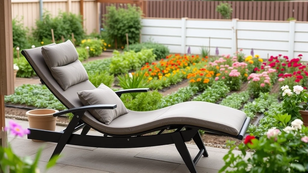 Modern zero-gravity recliner with cushions placed on garden patio overlooking vegetable beds and flowering borders, relaxation and gardening harmony