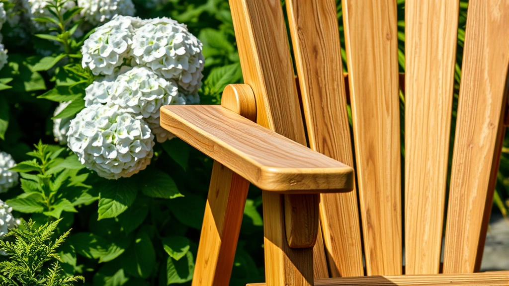 Close-up of a weathered teak Adirondack chair positioned beside flowering hydrangeas and green foliage, showing natural wood grain details and comfortable seat design in a sunlit garden setting