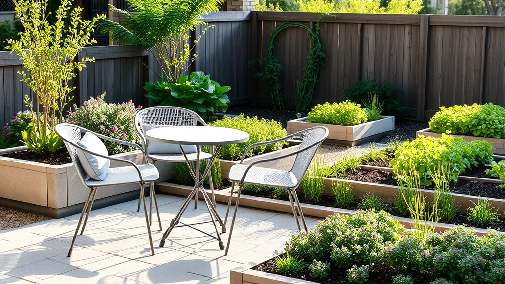 Modern compact bistro-style chairs in soft gray with cushions arranged around a small garden patio near raised vegetable beds, morning light casting gentle shadows on planted borders