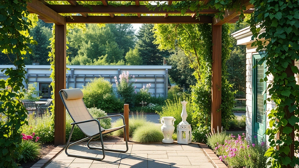 A lone sling chair in neutral fabric positioned under a pergola with climbing vines, overlooking a small cottage garden with mixed perennials and flowering plants, peaceful afternoon lighting