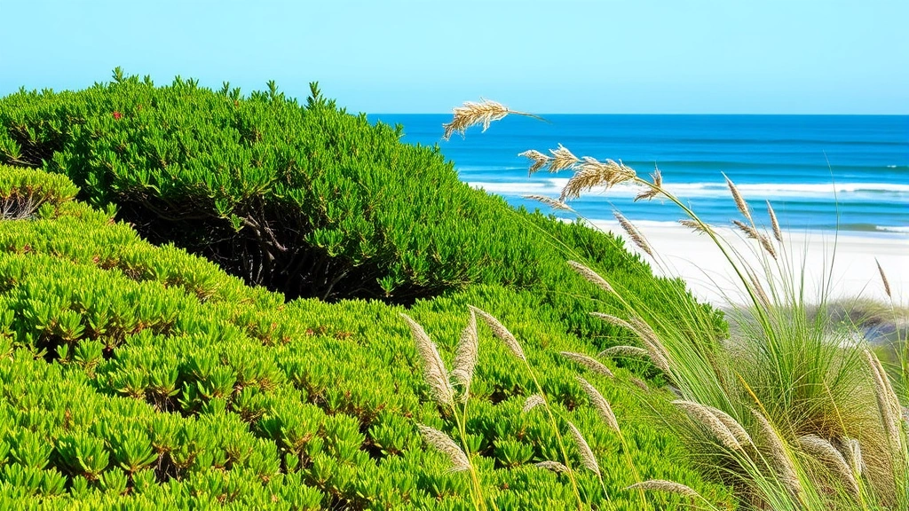 Coastal garden with salt-tolerant native plants including Yaupon Holly, Wax Myrtle, and ornamental grasses thriving near sandy beach with ocean in background, vibrant green foliage and natural windbreak effect