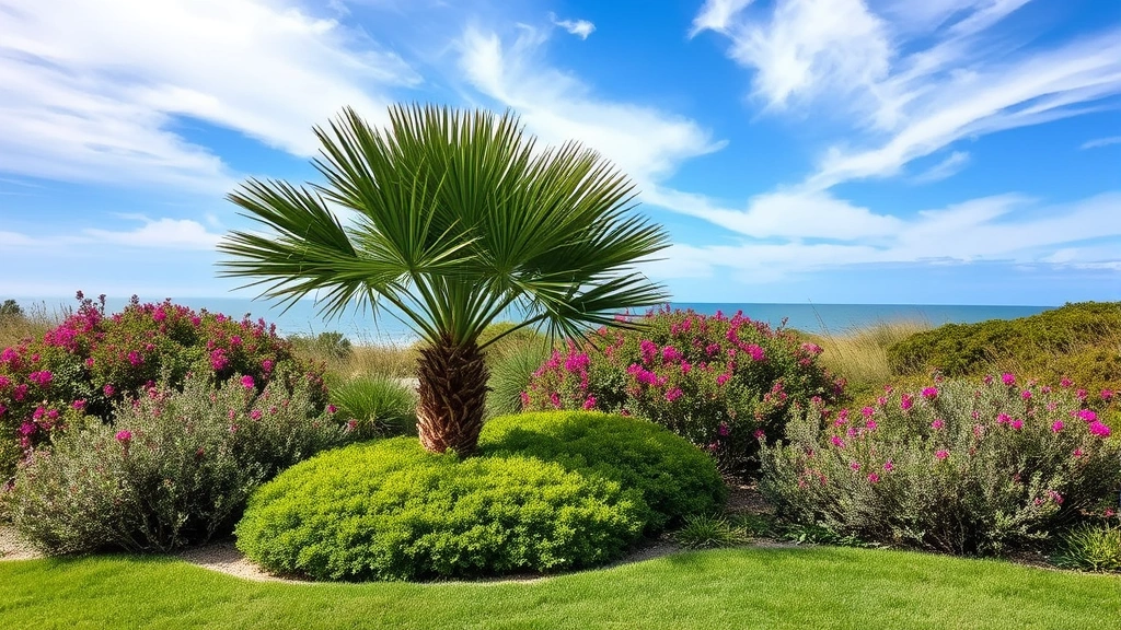 Garden City Beach landscape featuring layered plantings with Cabbage Palmetto, flowering shrubs, and groundcover in full sun with dramatic coastal sky, demonstrating professional coastal garden design and salt tolerance