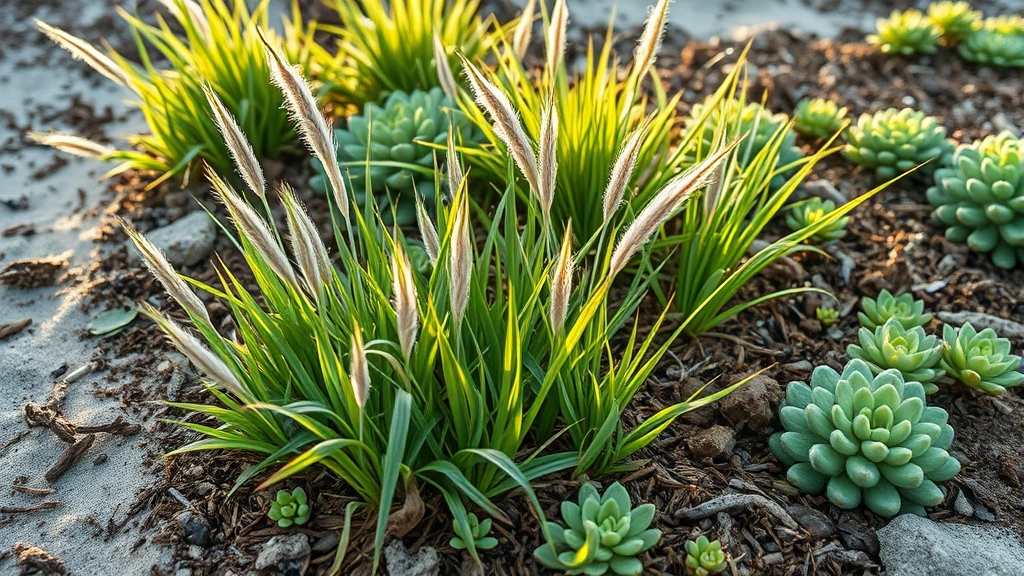 Close-up of healthy salt-tolerant coastal plants with rich mulch application, showing Seaoats and native groundcovers establishing in sandy soil, morning light highlighting resilient foliage and thriving ecosystem