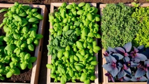 Overhead view of raised garden beds filled with vibrant green basil, French tarragon, and purple-leafed herbs arranged in organized rows with rich dark soil visible, morning sunlight creating soft shadows