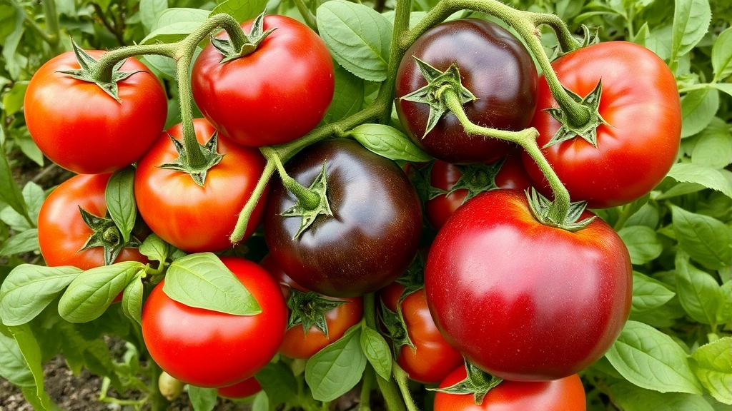 Close-up of heirloom tomato plants heavy with ripe Brandywine and Cherokee Purple tomatoes in various stages of ripeness, surrounded by fresh basil leaves, green garden foliage in background