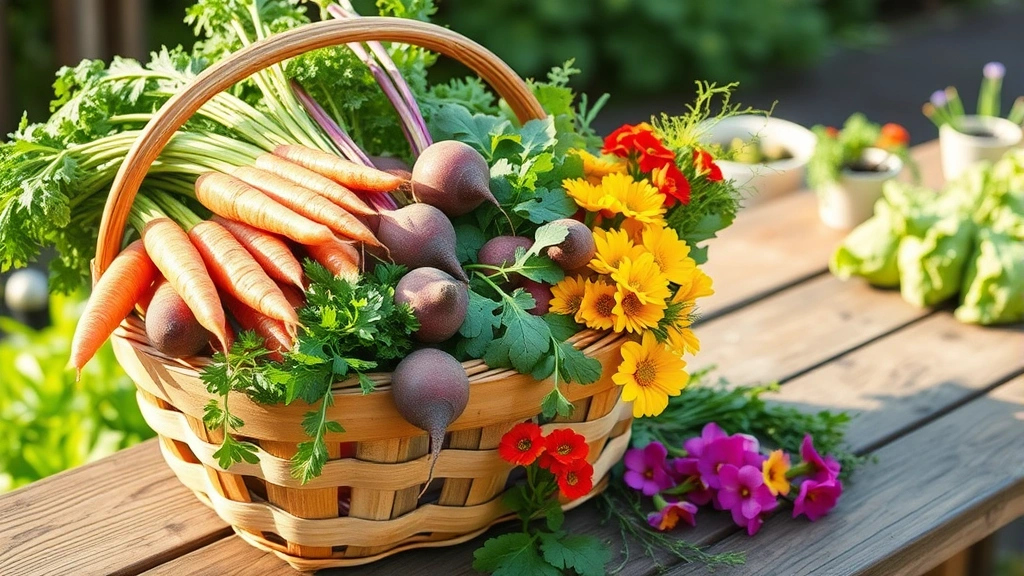 Garden harvest scene with wooden basket overflowing with colorful vegetables including rainbow carrots, golden beets, fresh arugula, nasturtium flowers, and herb sprigs, arranged on rustic wooden table in morning garden light