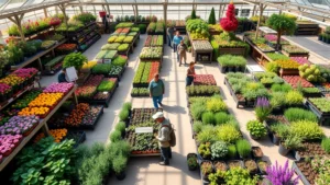 Wide overhead view of a bustling garden center with organized plant displays, colorful flowers, potted herbs, and customers browsing plants on sunny day with natural lighting