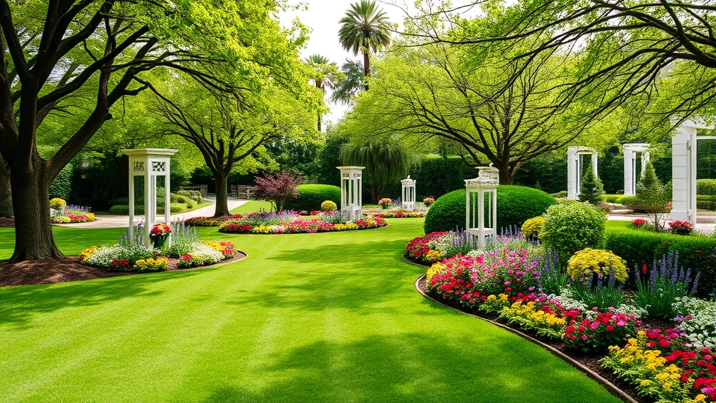 Professional outdoor garden setting with manicured lawn, mature shade trees, and colorful flower beds in full bloom during spring, featuring elegant garden architecture and winding pathways suitable for event celebrations