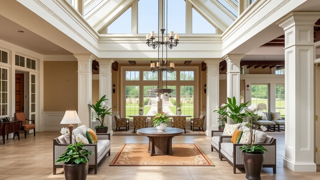 Elegant country club reception area with sophisticated indoor-outdoor transition, featuring comfortable seating arrangements, potted flowering plants, and refined architectural details creating upscale hospitality atmosphere