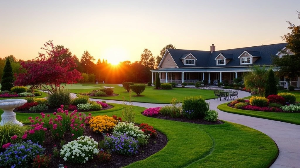 Beautifully landscaped country club grounds showcasing seasonal garden displays with flowering shrubs, ornamental trees, and well-maintained grounds during golden hour, creating romantic ambiance for evening events