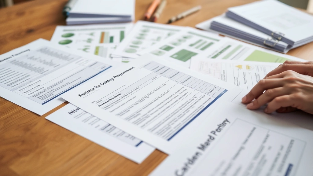 Close-up of organized garden planning documents and folders spread on a wooden table with a person's hands arranging papers, showing preparation and organization similar to DMV document preparation