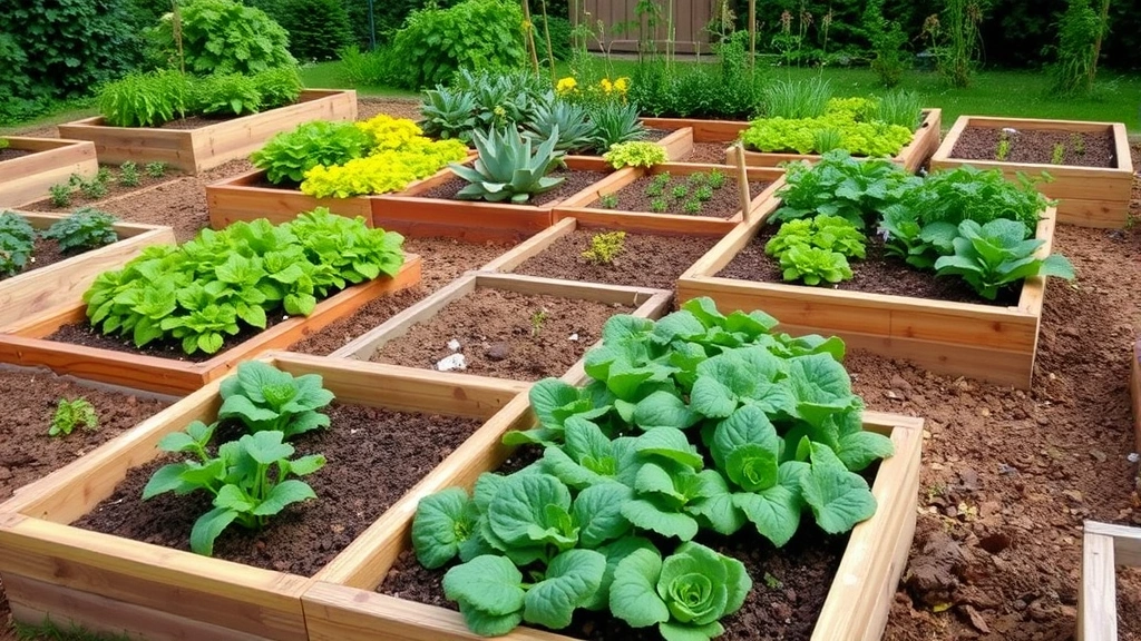 Wide shot of a well-organized raised garden bed with multiple sections for different vegetable types, demonstrating systematic planning and efficiency in garden layout, representing organized preparation