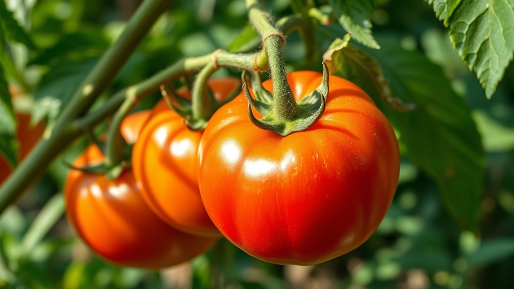 Close-up of vibrant heirloom tomatoes ripening on vine in morning sunlight, water droplets visible on leaves, lush green foliage background, warm summer day atmosphere