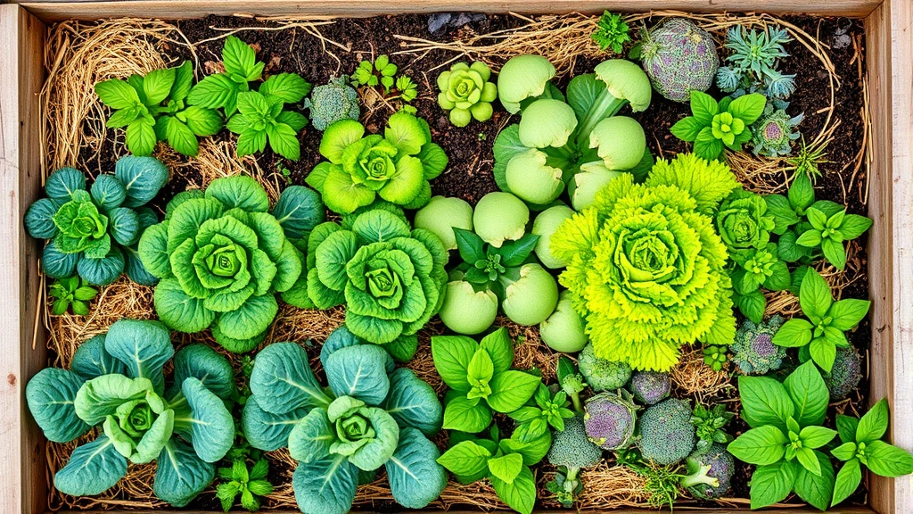 Overhead view of raised garden bed filled with mixed vegetables including lettuce, kale, broccoli, and herbs in various growth stages, mulched with pine straw, healthy green plants