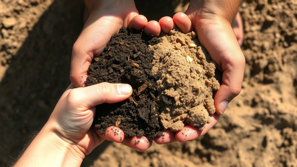 Hands holding rich dark compost mixed with sandy soil, showing organic matter amendment, natural sunlight illuminating soil texture, demonstrating proper soil composition for gardening