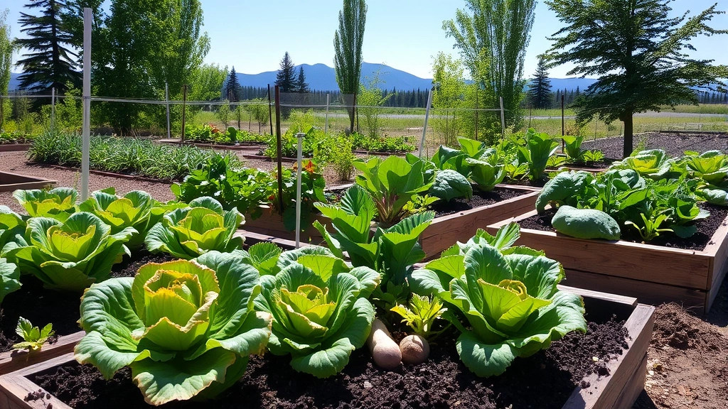 Lush vegetable garden bed with lettuce, kale, and root vegetables growing in rich dark soil with wooden raised beds in a sunny Idaho location with mountains visible