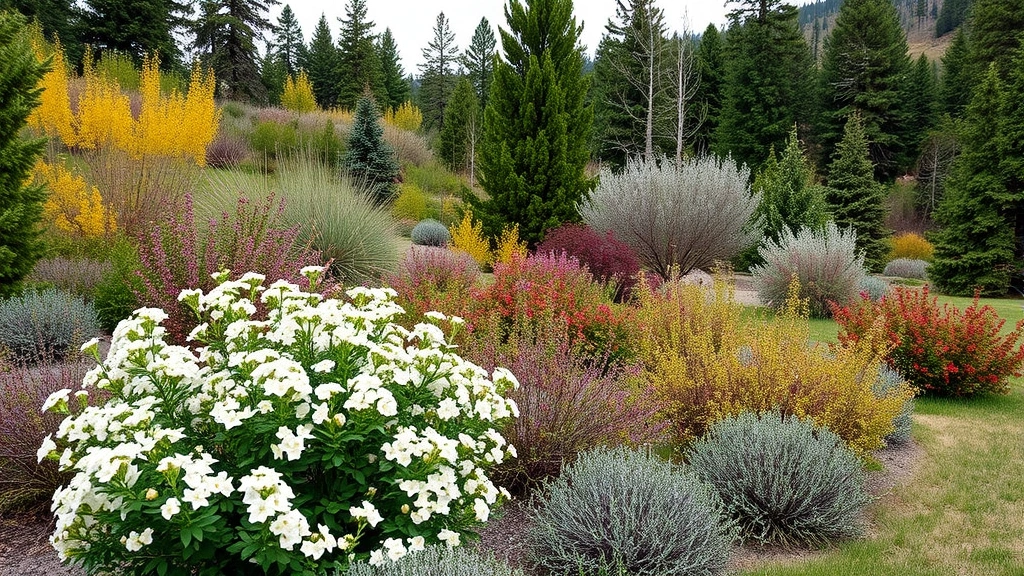 Native Idaho landscape featuring serviceberry shrubs with white flowers, mountain mahogany, and ponderosa pines creating natural layered garden design