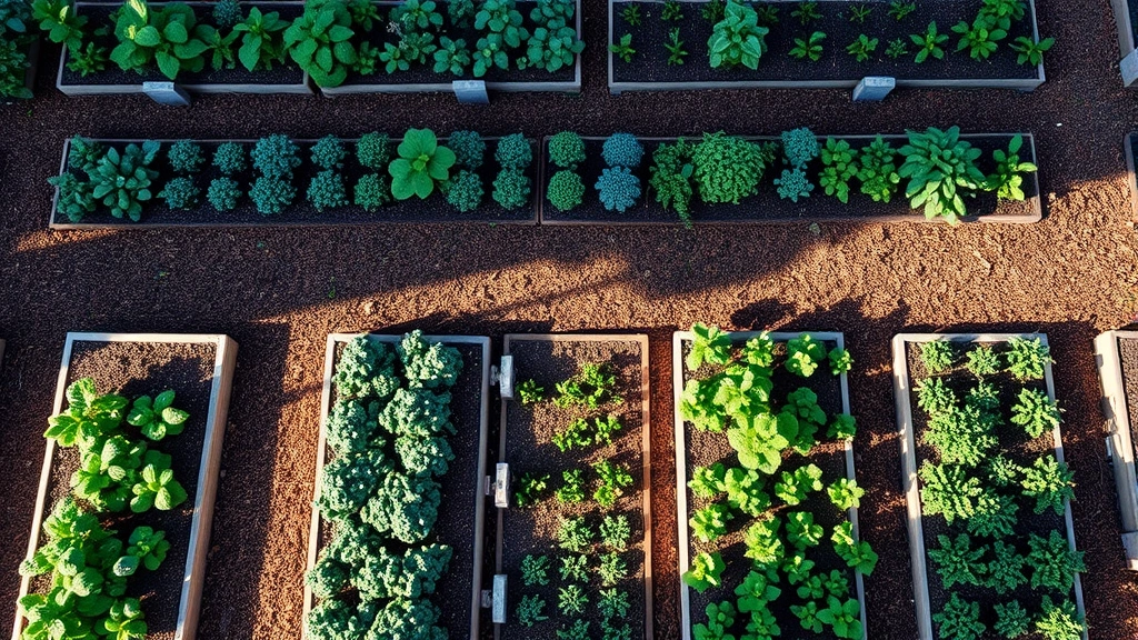 Overhead view of a diverse vegetable garden with raised beds, mulched pathways, and morning sunlight creating shadows across organized rows of growing plants, showing different plant heights and spacing