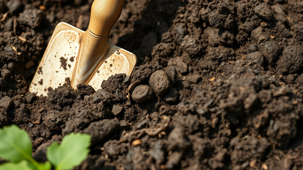 Close-up of rich, dark garden soil being worked with a spade, showing crumbly texture with visible organic matter, compost, and root structures, demonstrating healthy soil composition in natural daylight